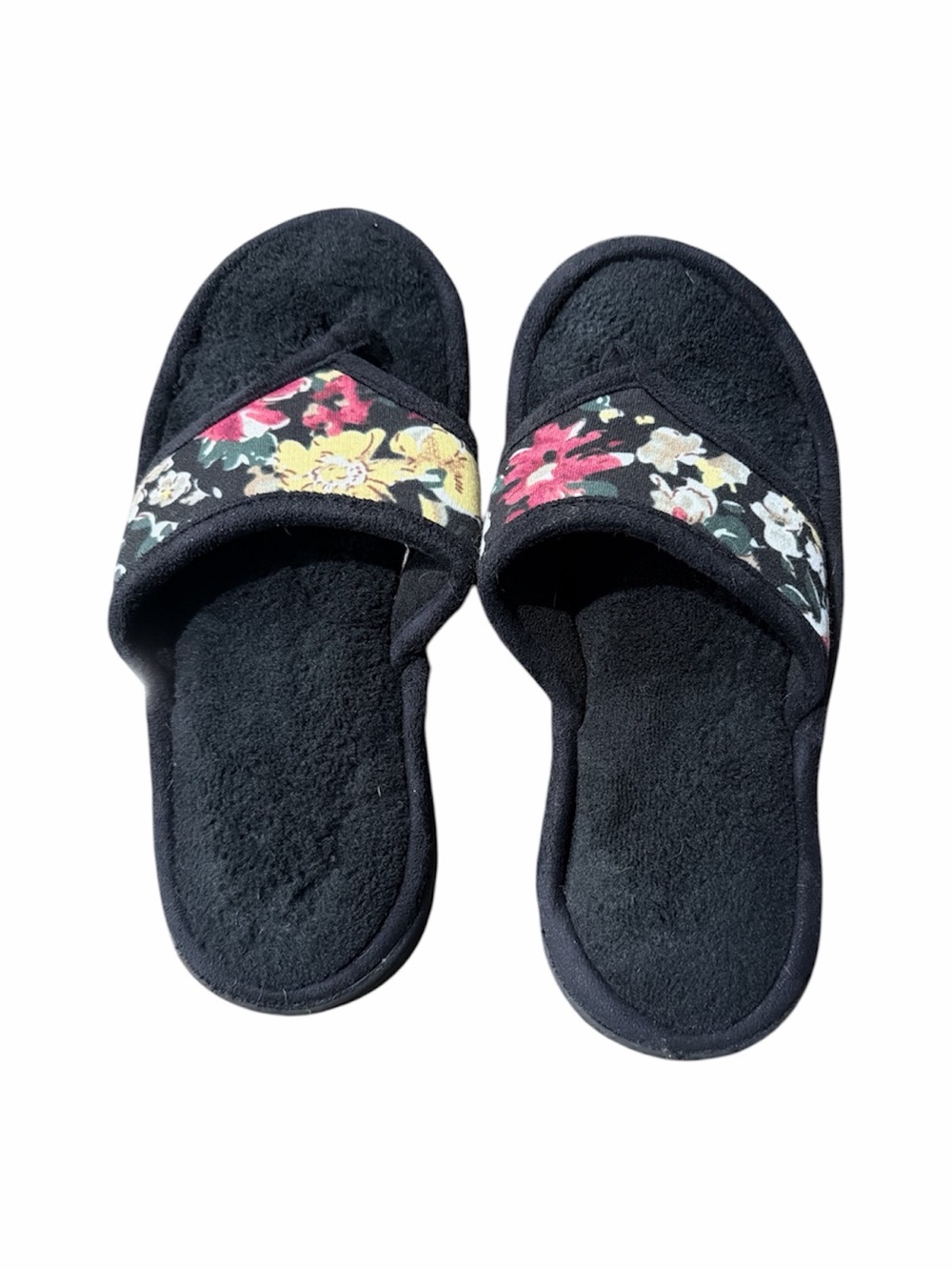 Isotoner Womens Slip On Slippers Black Floral Terry Cloth Size 6.5-7